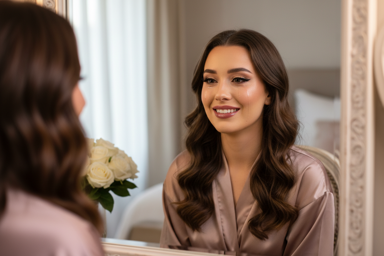 Afetr doing makeup women looking hereself in the mirror and seeing herself so beautiful and have happy tears in her eyes