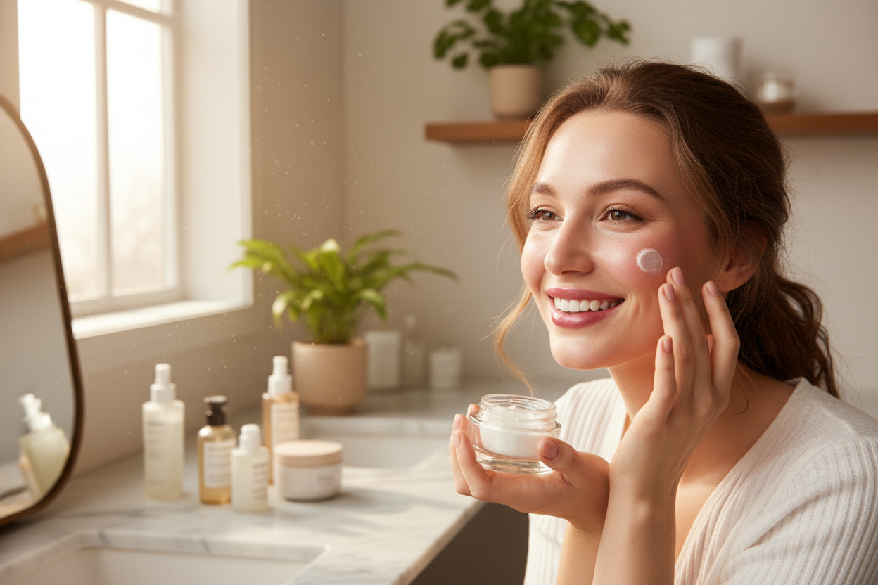 female using beauty pructs with glowing face and happy smile